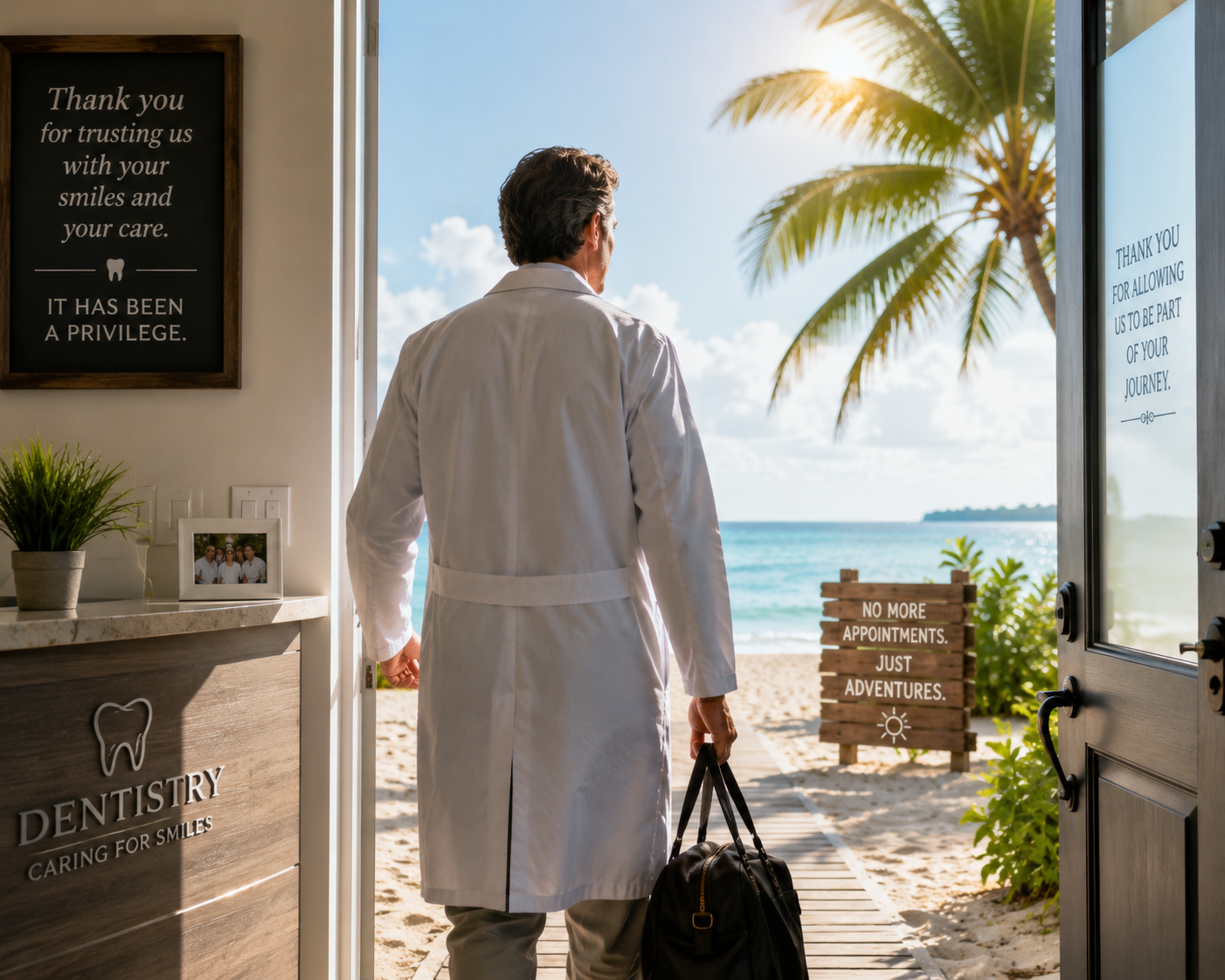 A dentist in a white coat walks out of his practice toward a sunny beach, carrying a bag — leaving dentistry behind for retirement